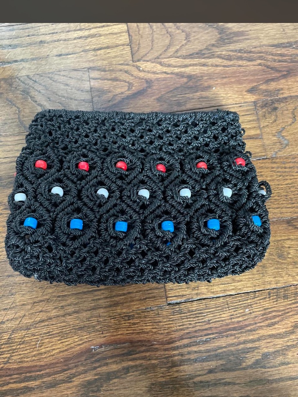 Black Crochet Clutch with Red, White & Blue Bead Accents